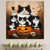 Haunting Whispers: Tuxedo Cat Mom and Four Kittens in a Spooky Forest on Ready to Hang 1.5" Thick Canvas Wrap, Floating Framed Canvas, Flat Rolled Canvas